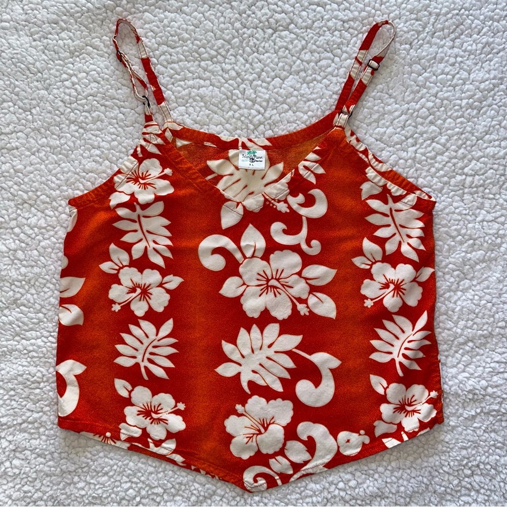 Y2K style Hawaiian orange white hibiscus crop top adjustable strap surf beach XL